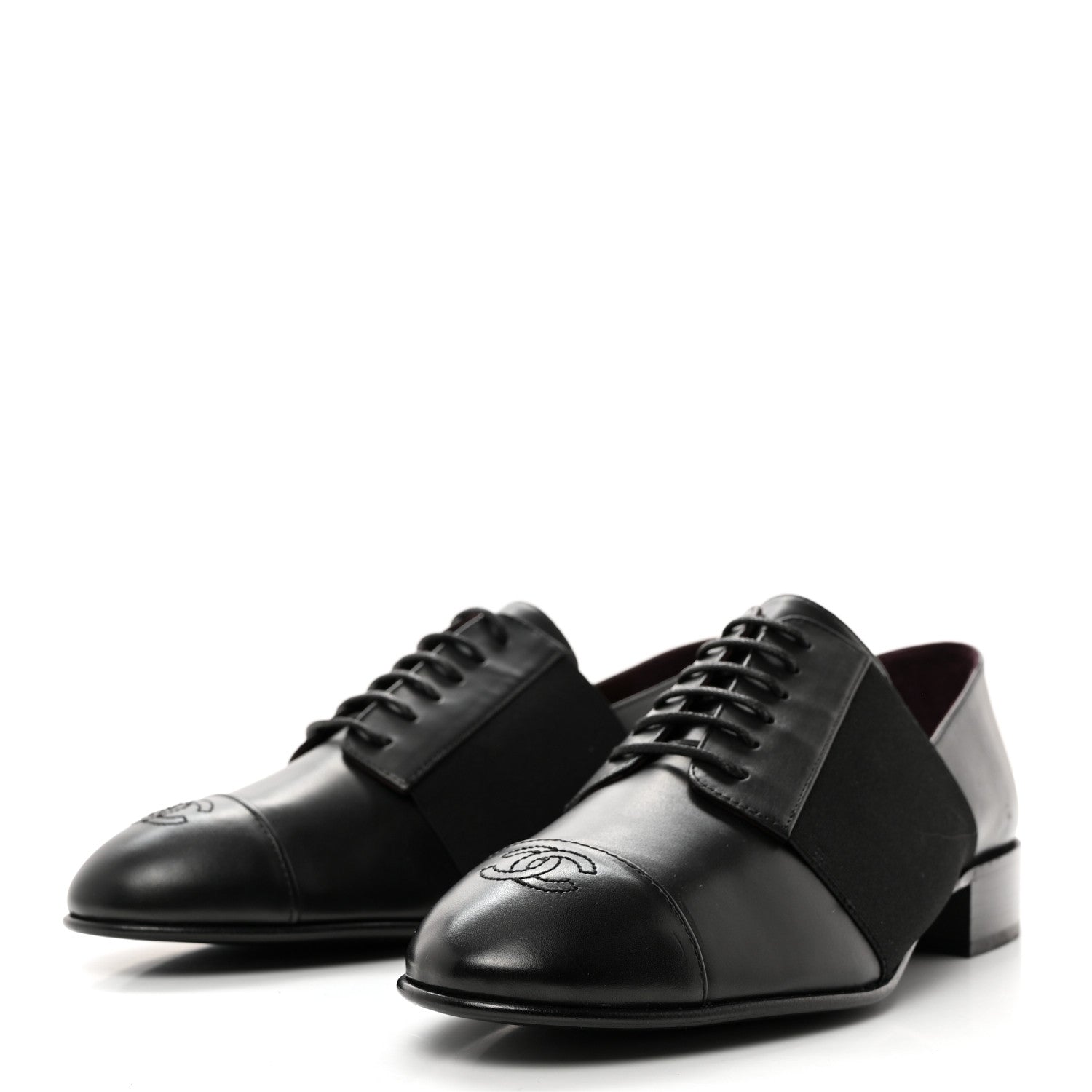 Chanel Calfskin Elastic Lace Up Cap Toe CC Loafers 38 Black 3 of 8