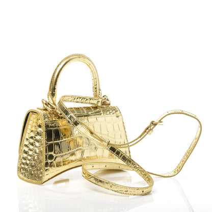 Balenciaga Metallic Calfskin Crocodile Embossed Hourglass Top Handle Bag XS Gold 3 of 10