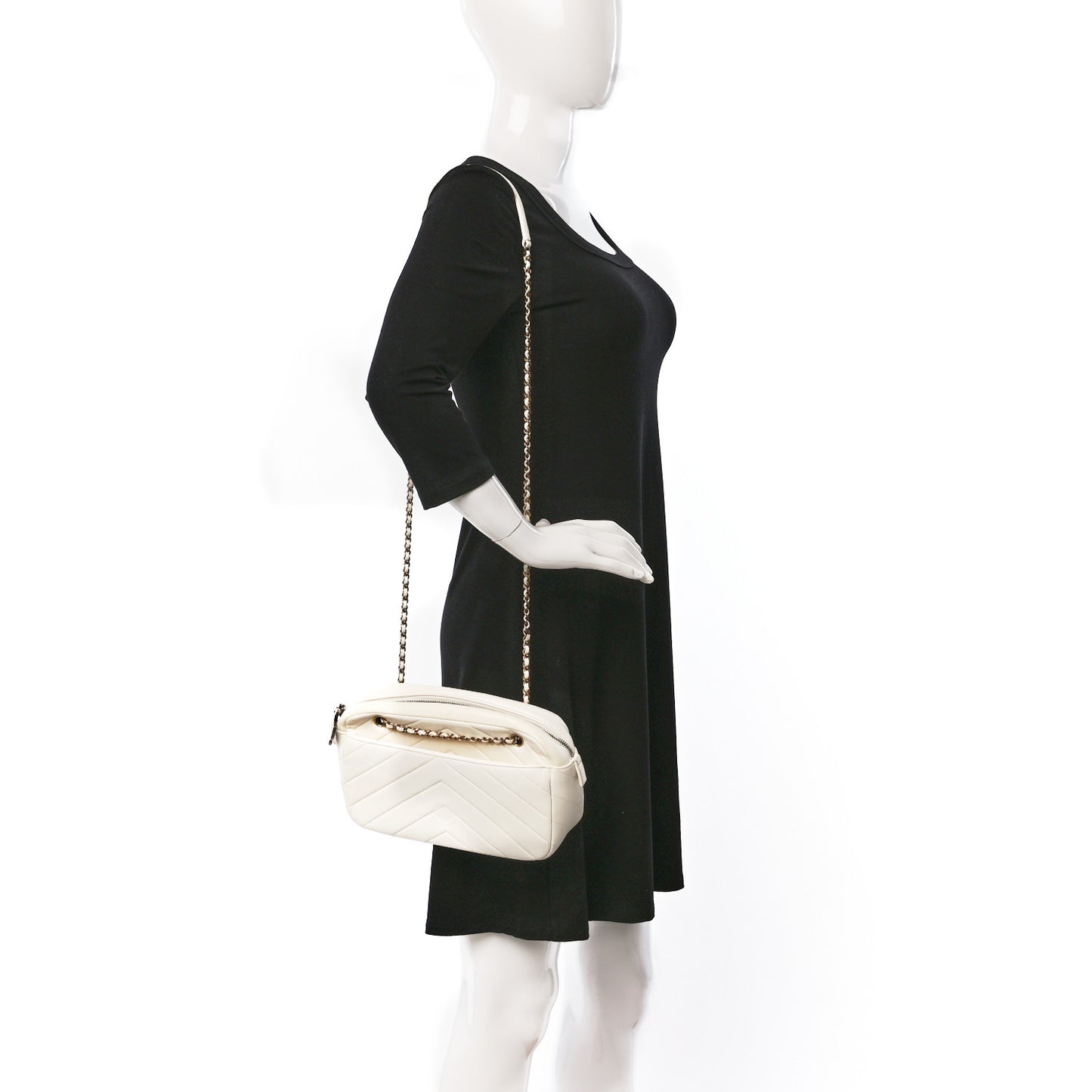 Shiny Lambskin Chevron Stitched Small Coco Camera Case White