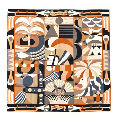 Hermes Silk Parade En Fanfare Scarf 90 Camel Black Beige Rose 1 of 4