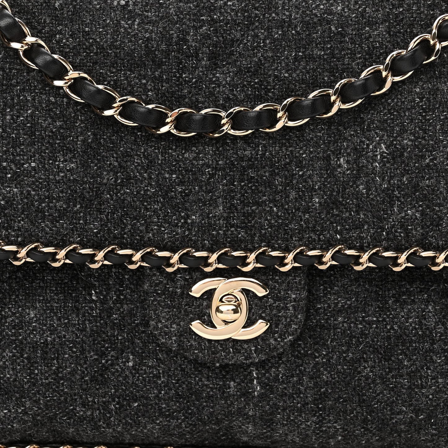 Wool Tweed Quilted Coco Neige Chain Around Flap Black