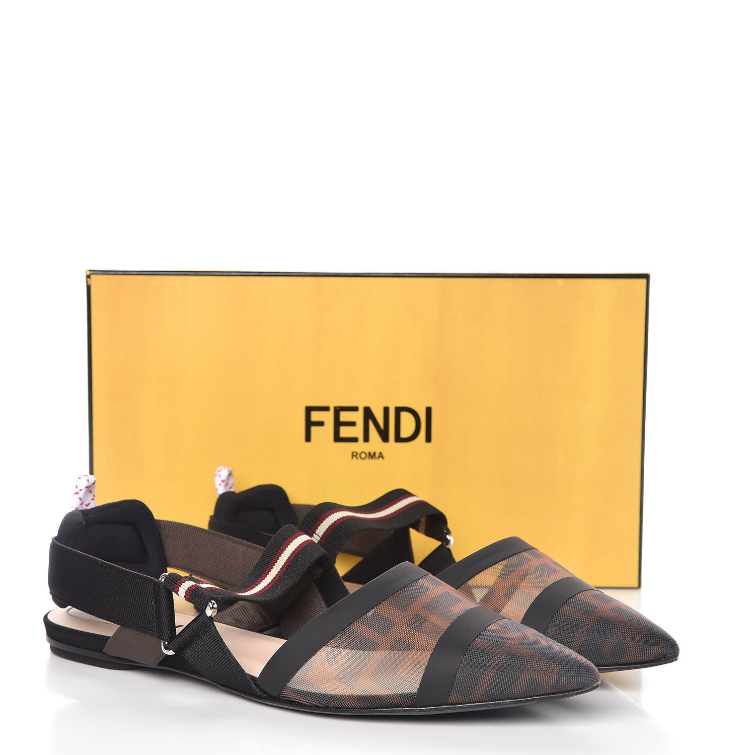 Fendi Technical Mesh FF Colibri Slingback Ballerina Flats 41 Tobacco Moro Black Militare 8 of 8