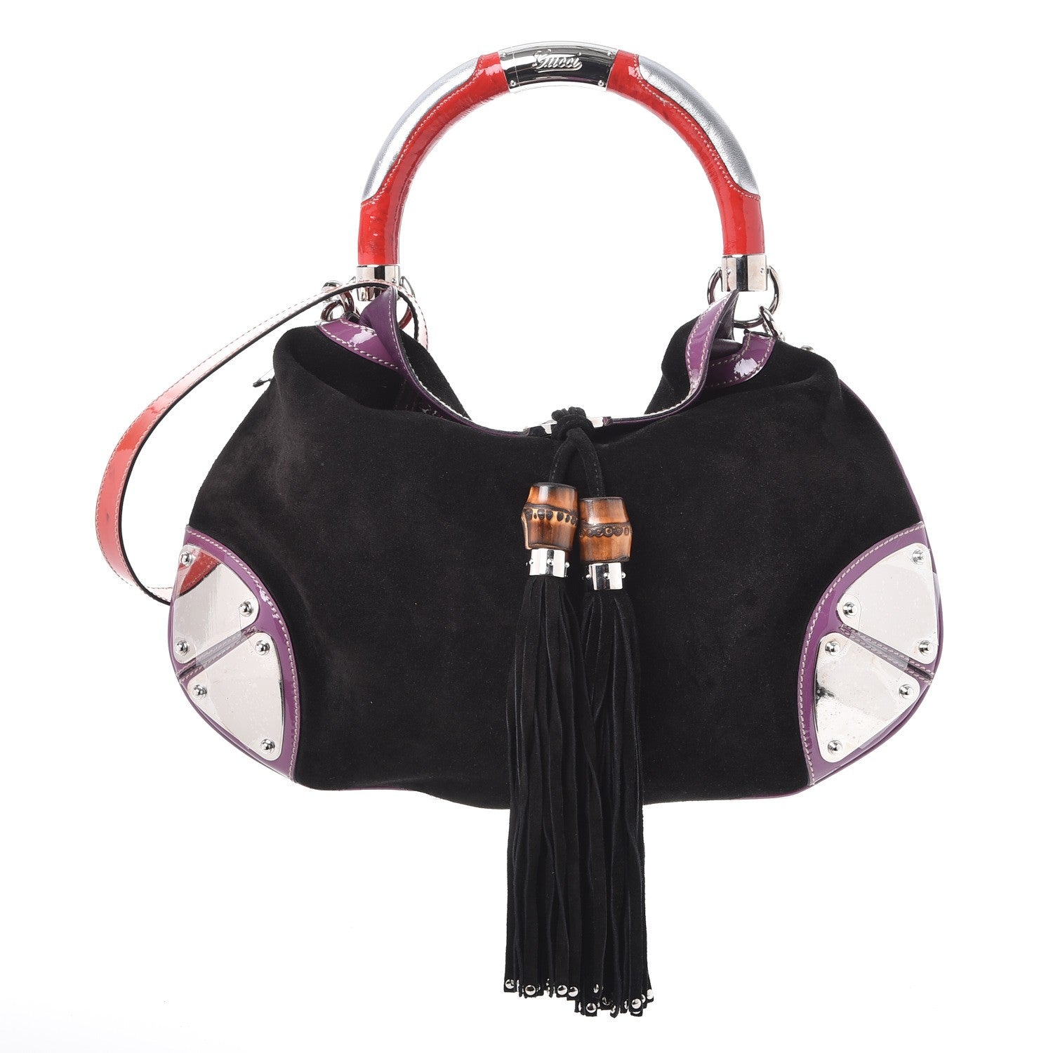 Gucci Suede Medium Indy Top Handle Hobo Black Purple Red 1 of 10