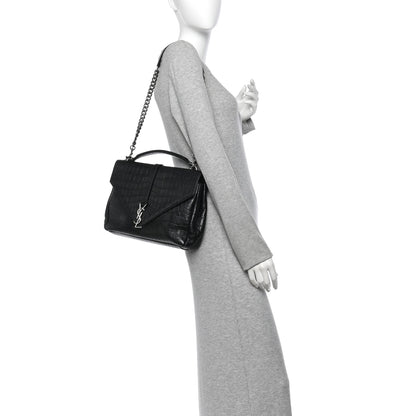 Saint Laurent Calfskin Crocodile Embossed Monogram Large College Satchel Black 2 of 14