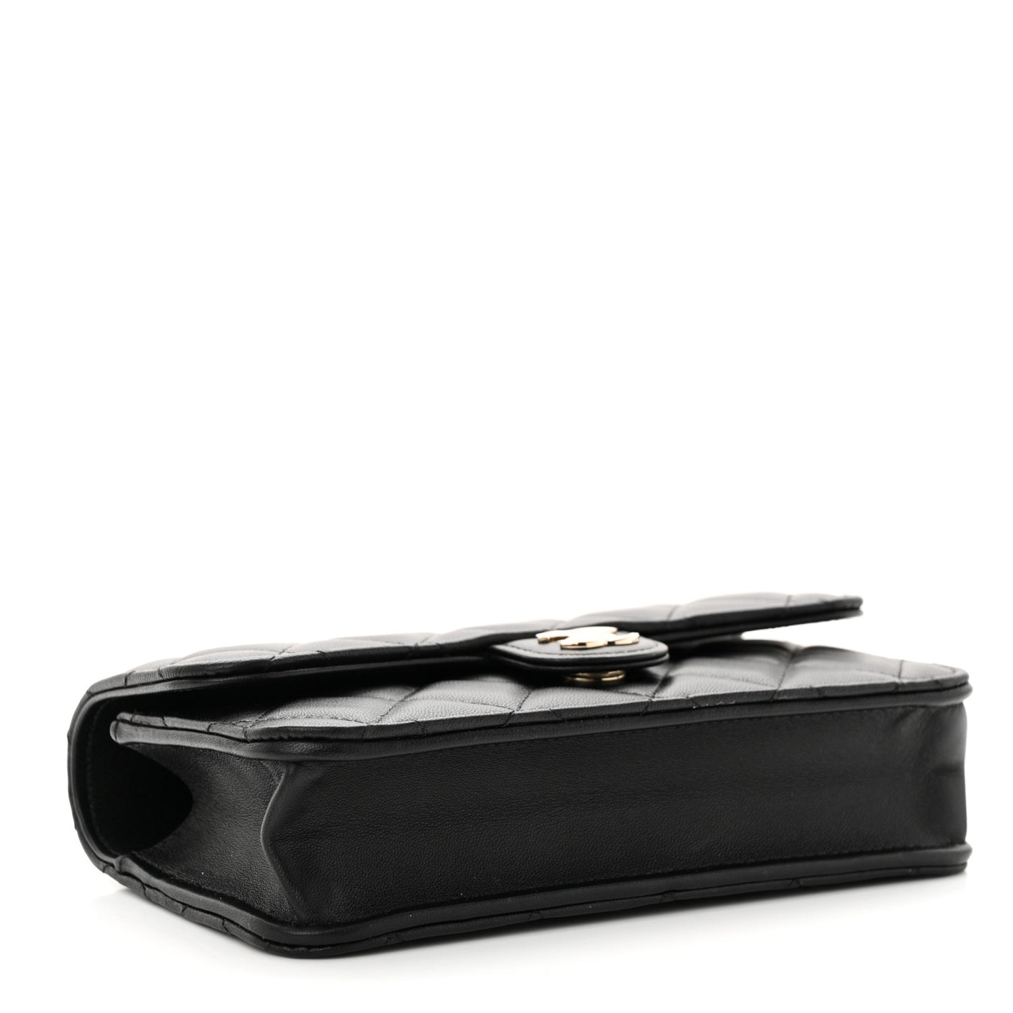 Lambskin Quilted Flap Phone Holder With Chain Black