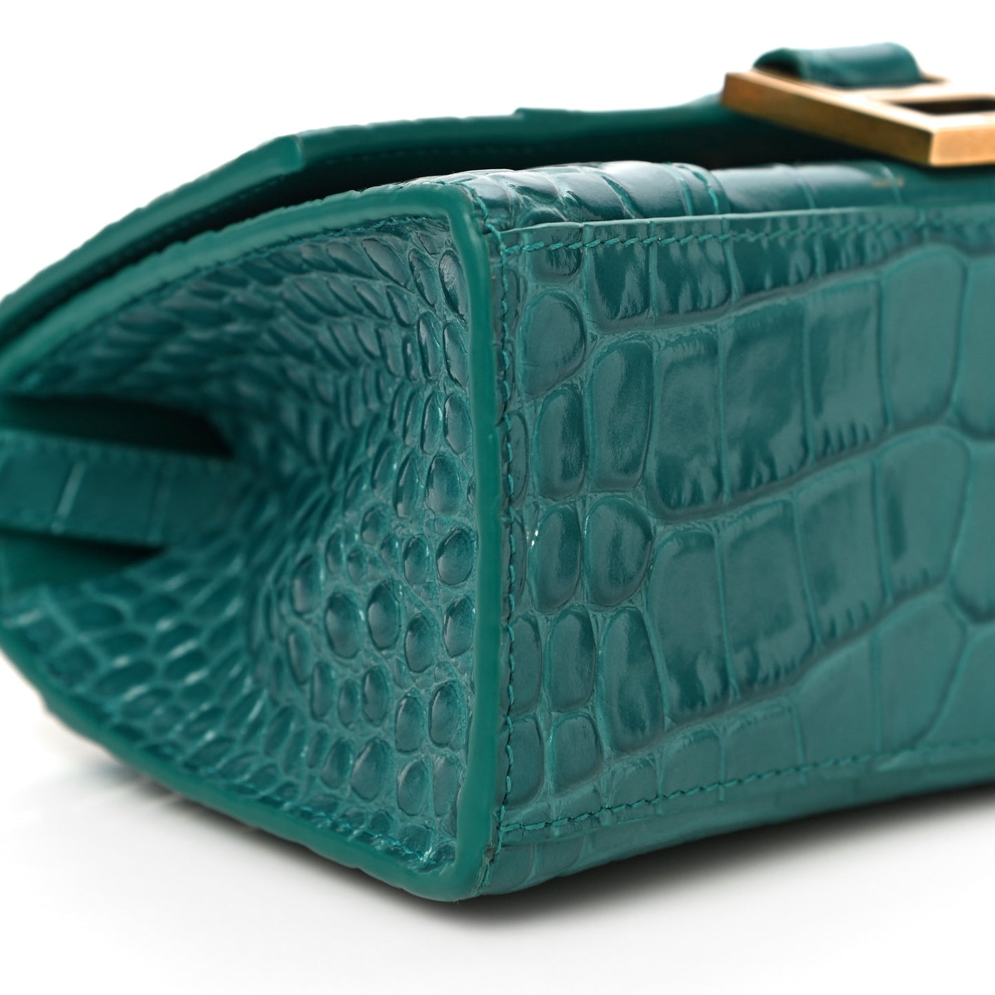 Shiny Calfskin Crocodile Embossed Hourglass Top Handle Bag XS Dark Turquoise