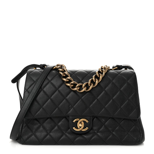 Shiny Sheepskin Quilted Large Trapezio Flap Black