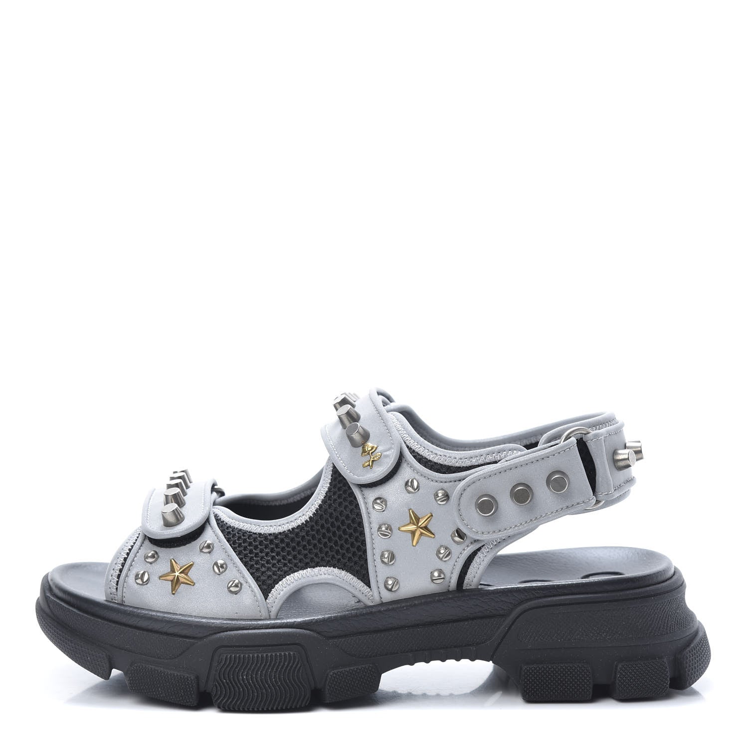 Gucci Technical Canvas Calfskin Reflective Studded Mens Aguru Sandals 8 Silver Black 1 of 8