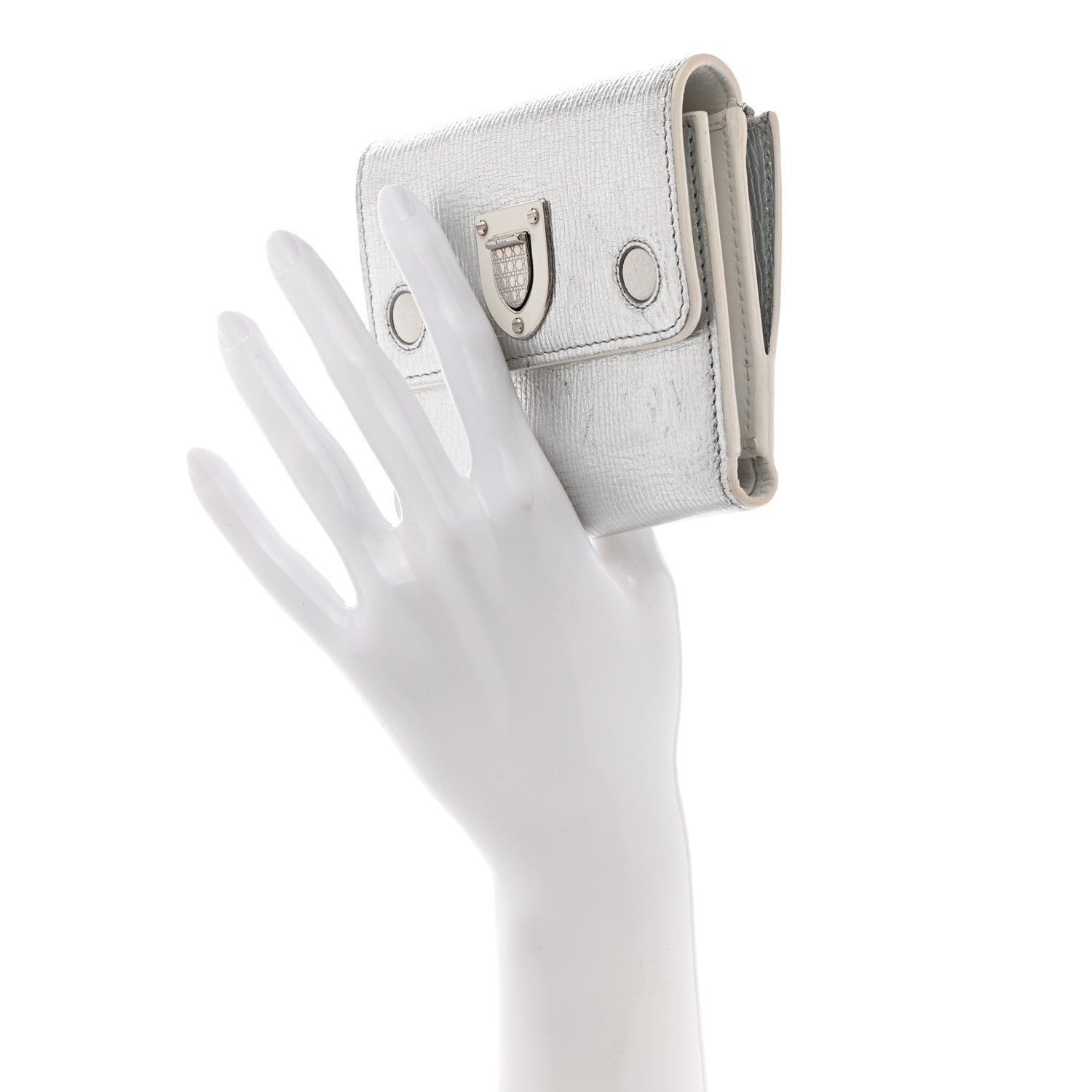 Christian Dior Metallic Goatskin Diorever Tri-Fold Wallet Silver 2 of 9