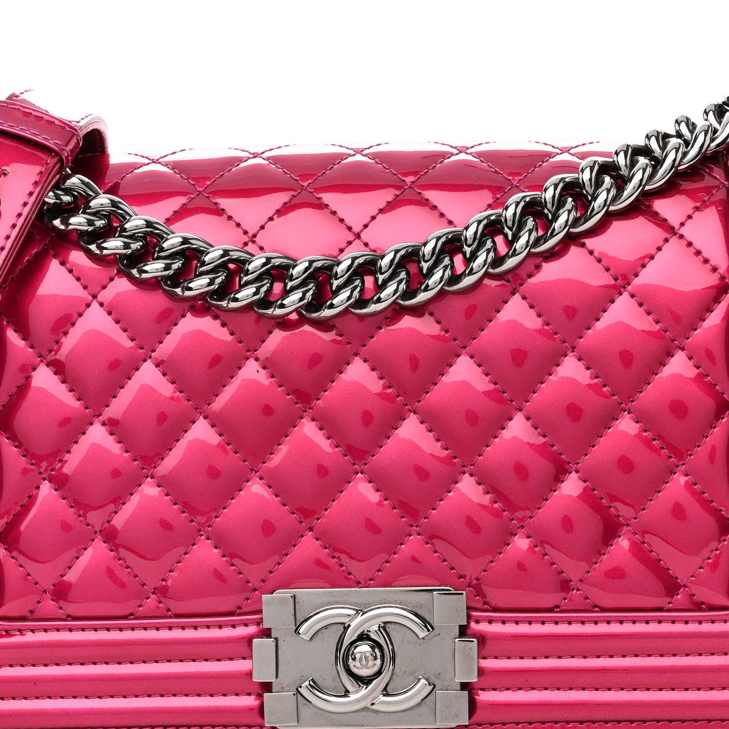 Metallic Patent Calfskin Quilted Medium Boy Flap Pink