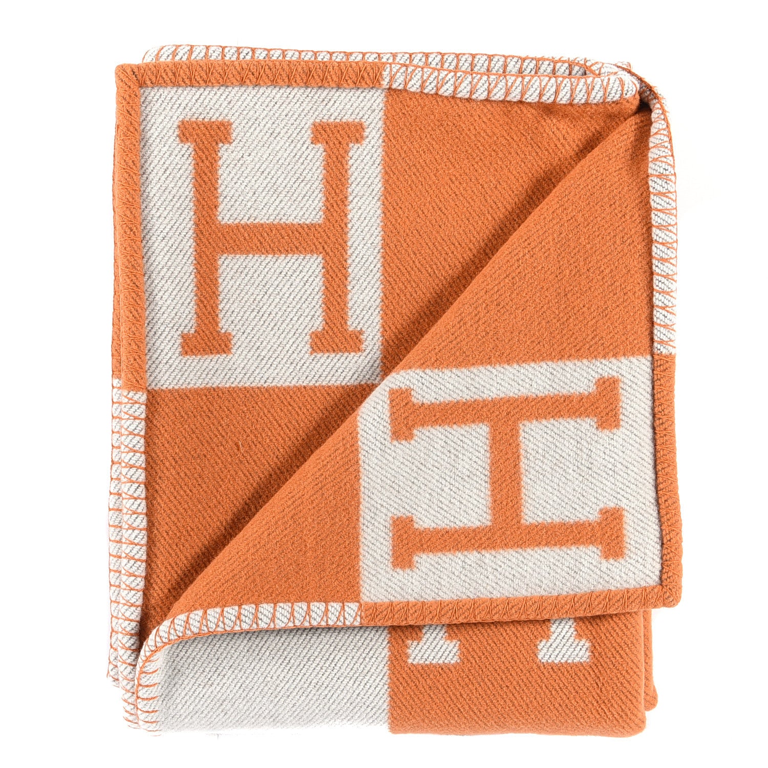 Hermes Wool Cashmere Signature Classic Avalon Blanket Ecru Potiron 2 of 3