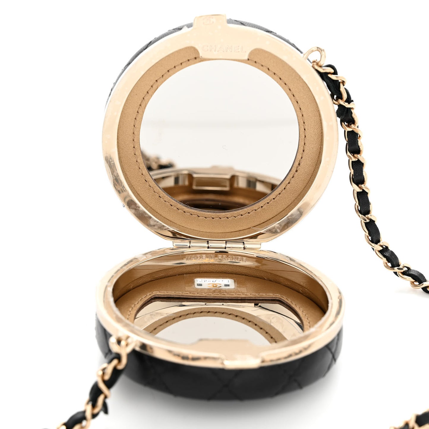 Lambskin Enamel Quilted Round Poker Chip Clutch With Chain Black White