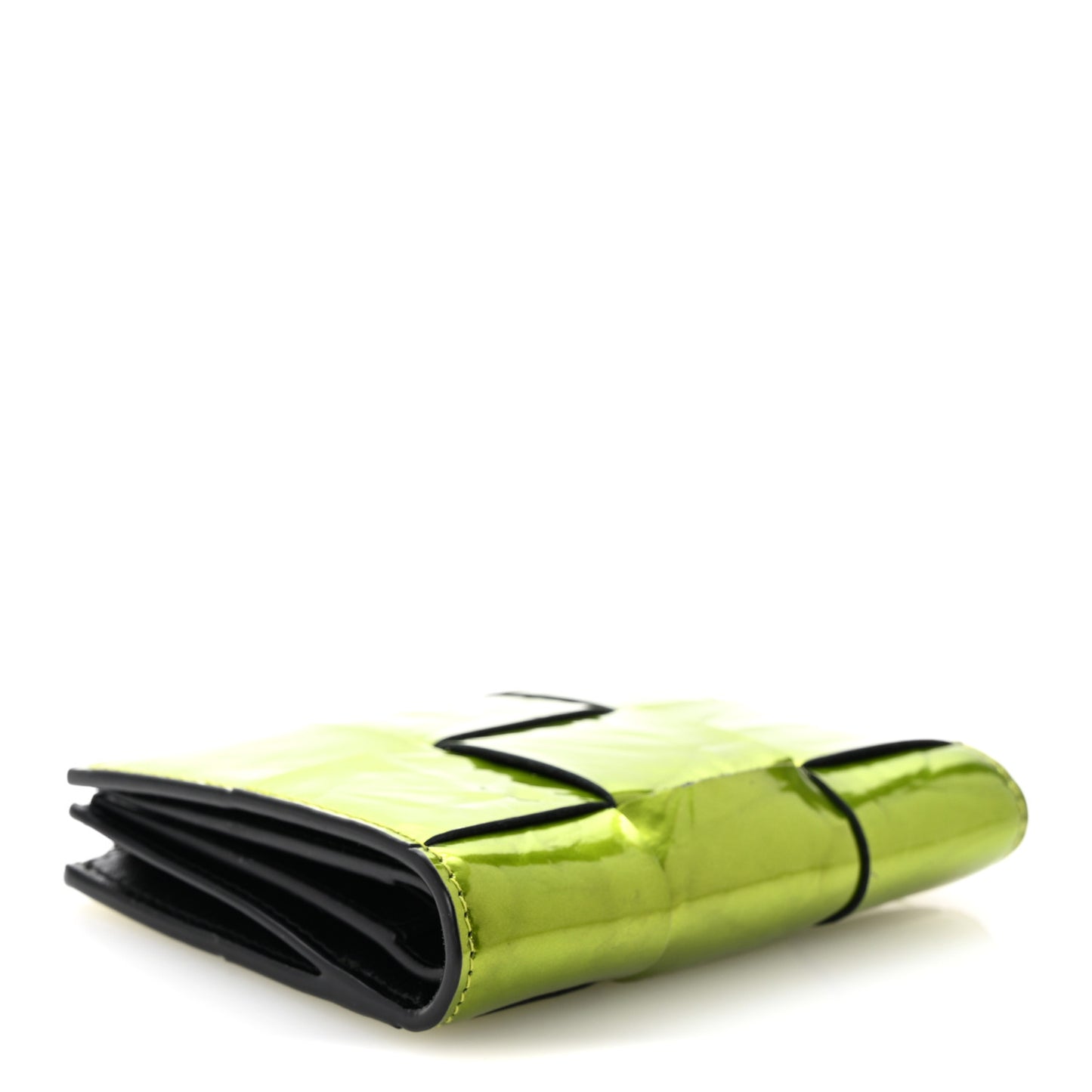 Metallic Crushed Calfskin Intrecciato Zip Card Holder Chlorophyll