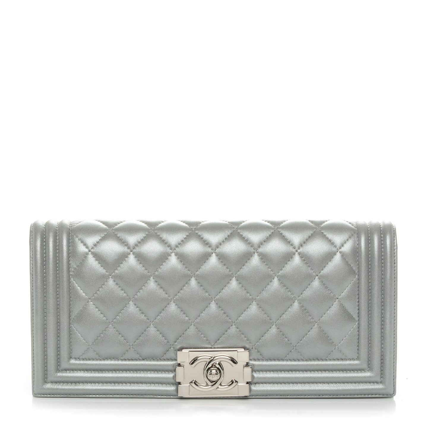 Metallic Lambskin Quilted Boy Flap Clutch Silver