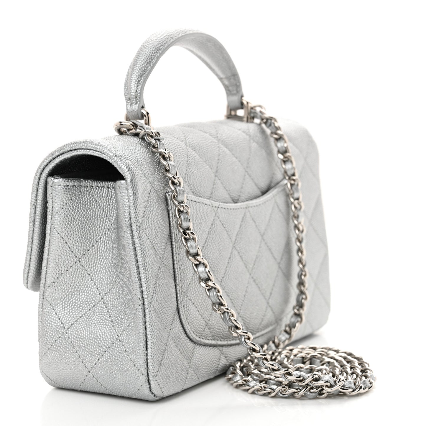 Metallic Caviar Quilted Mini Top Handle Rectangular Flap Silver