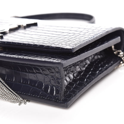 Saint Laurent Calfskin Crocodile Embossed Kate Monogram Tassel Chain Wallet Deep Marine 9 of 9