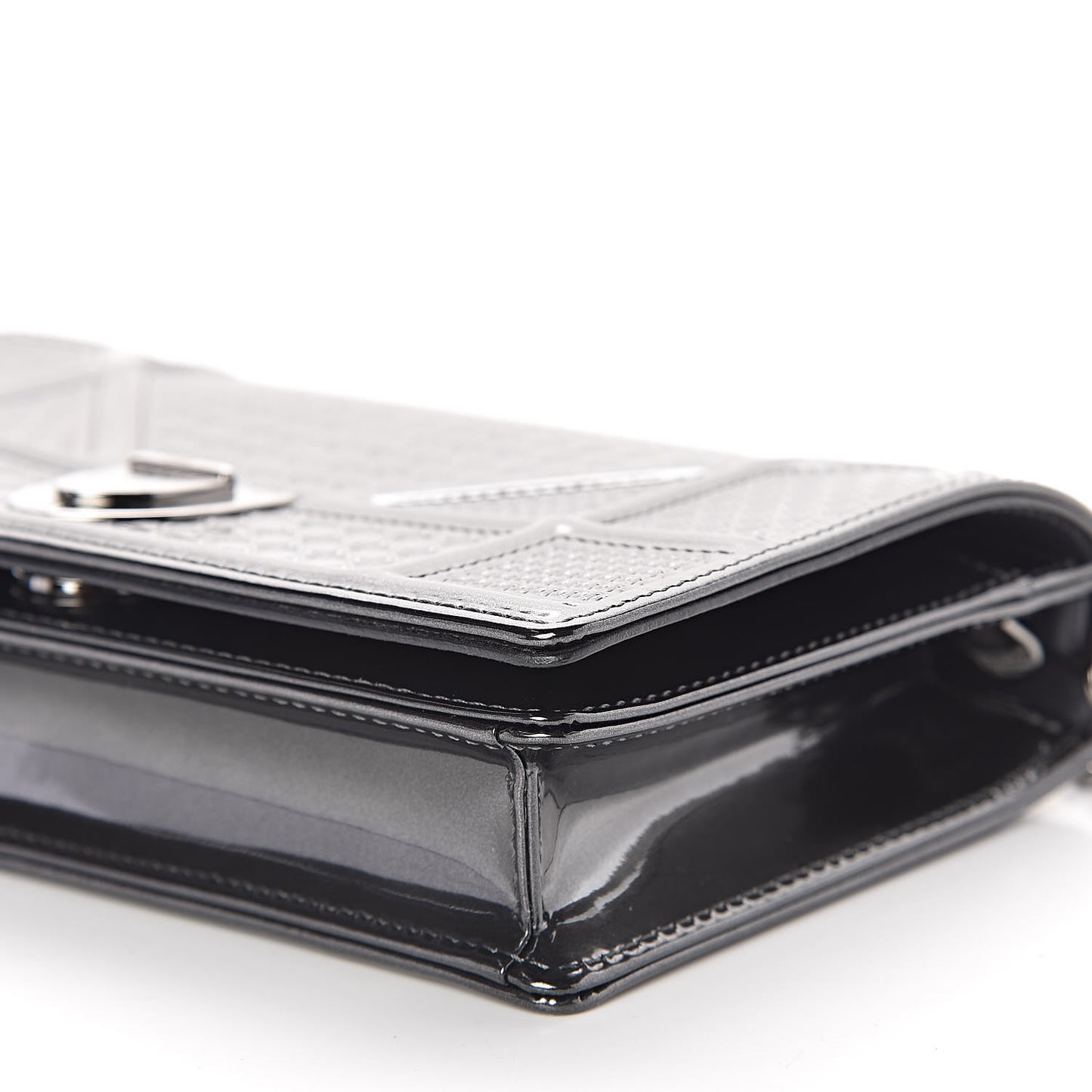 Metallic Patent Micro-Cannage Diorama Wallet on Chain Pouch Onyx Black