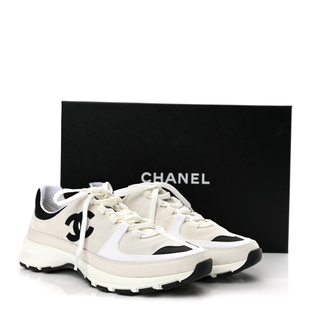 Suede Calfskin Grosgrain Womens CC Sneakers 38 White Black