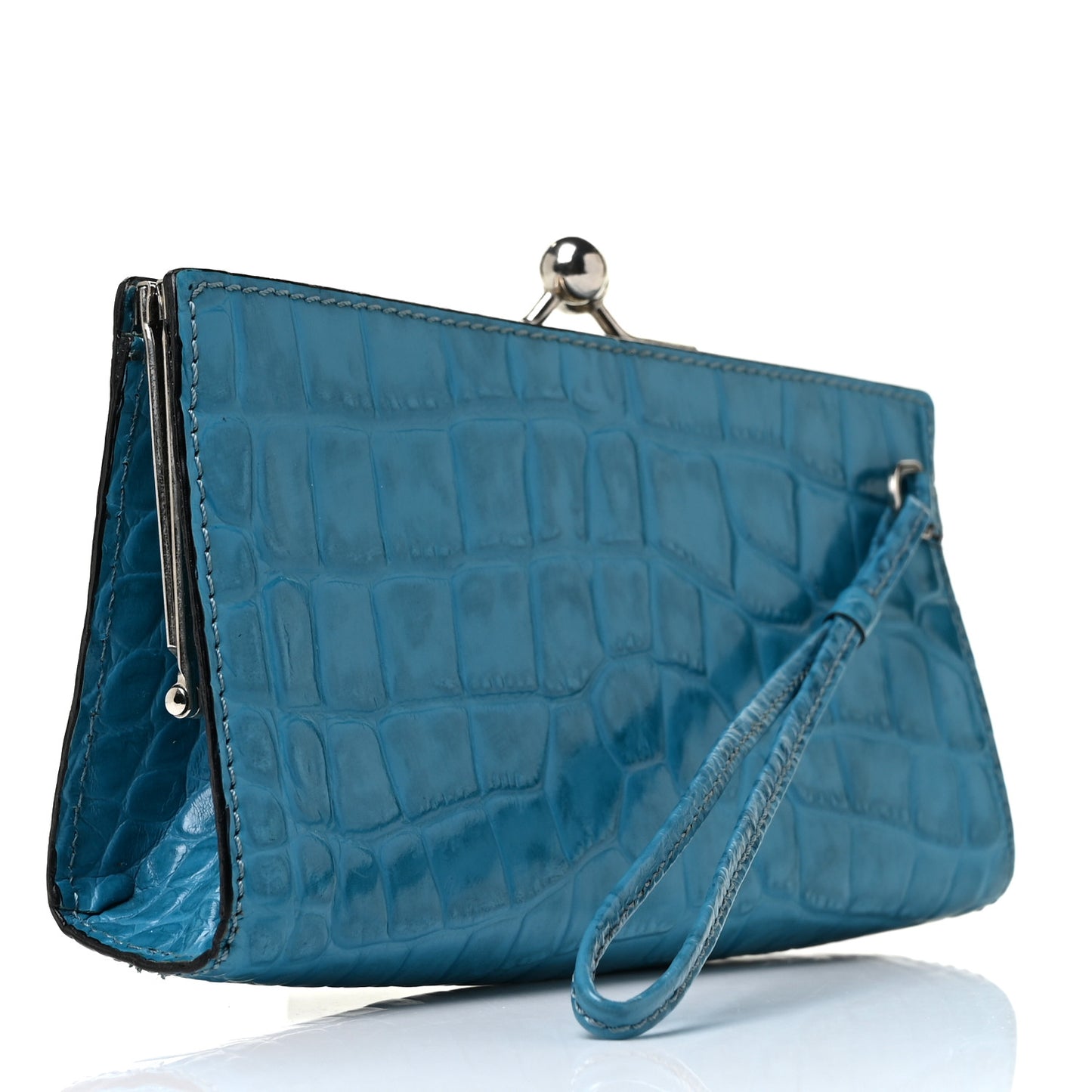 Crocodile Embossed Calfskin Wristlet Clutch Blue