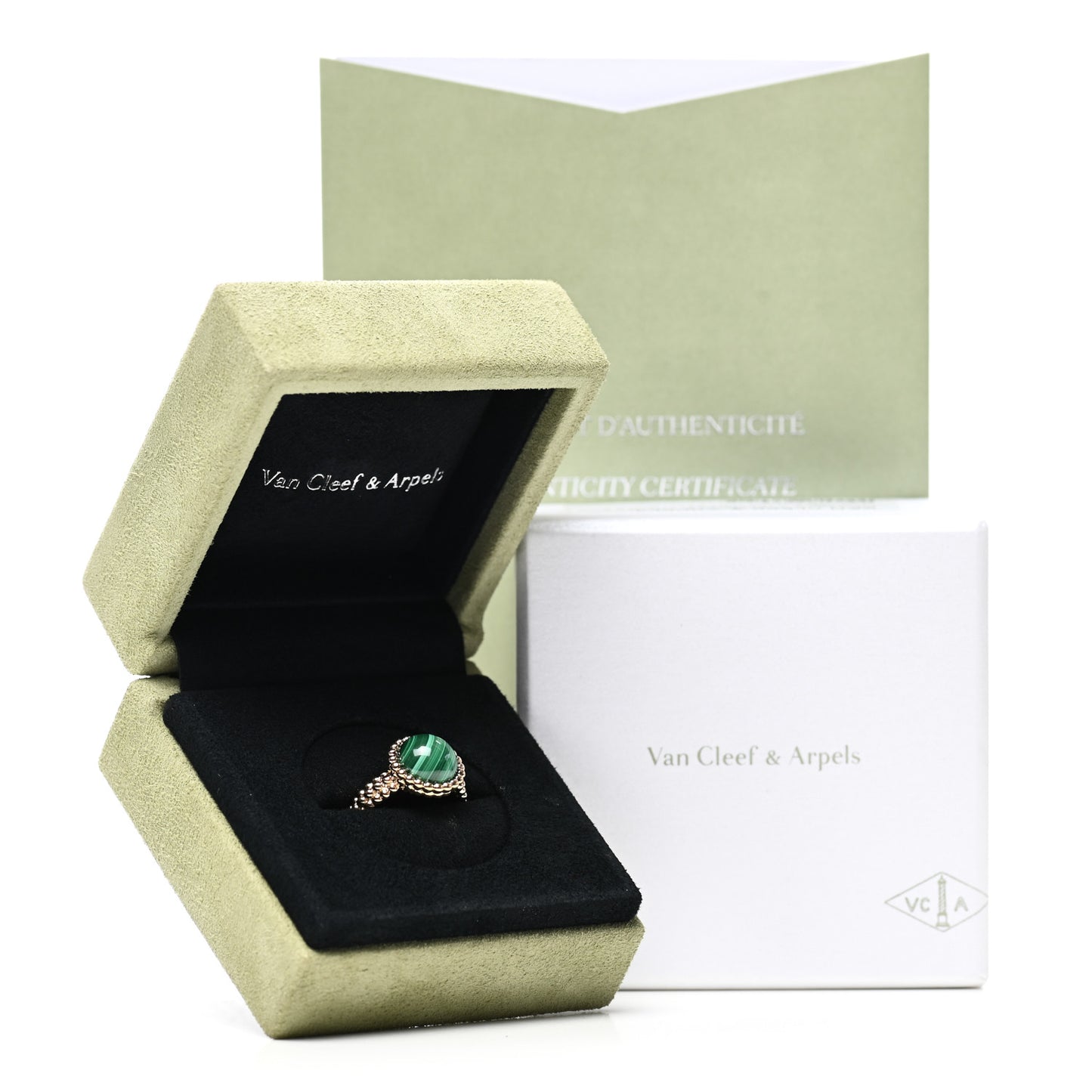 18K Yellow Gold Malachite Perlee Couleurs Ring 54 6.75