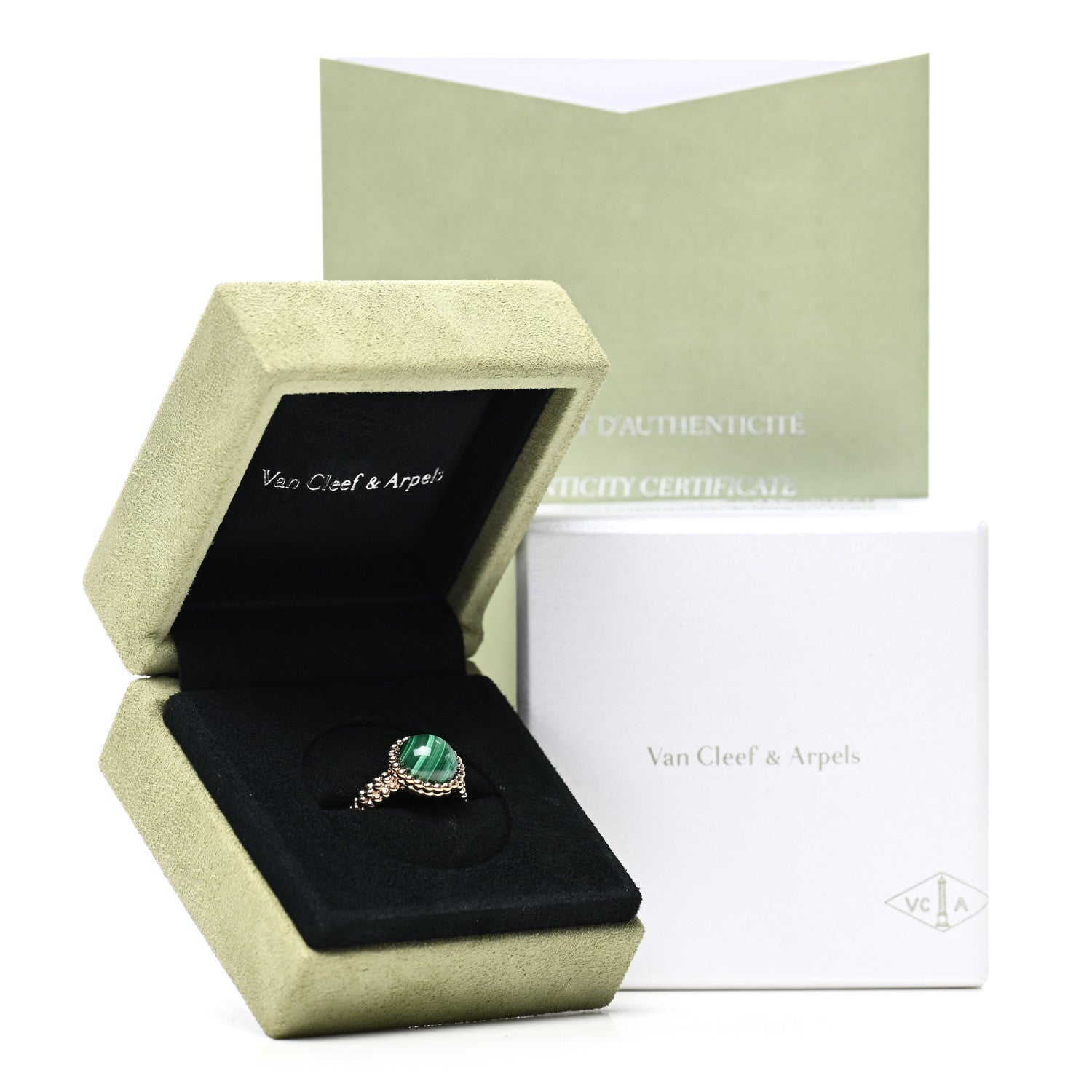 Van Cleef & Arpels 18K Yellow Gold Malachite Perlee Couleurs Ring 54 6.75 6 of 6