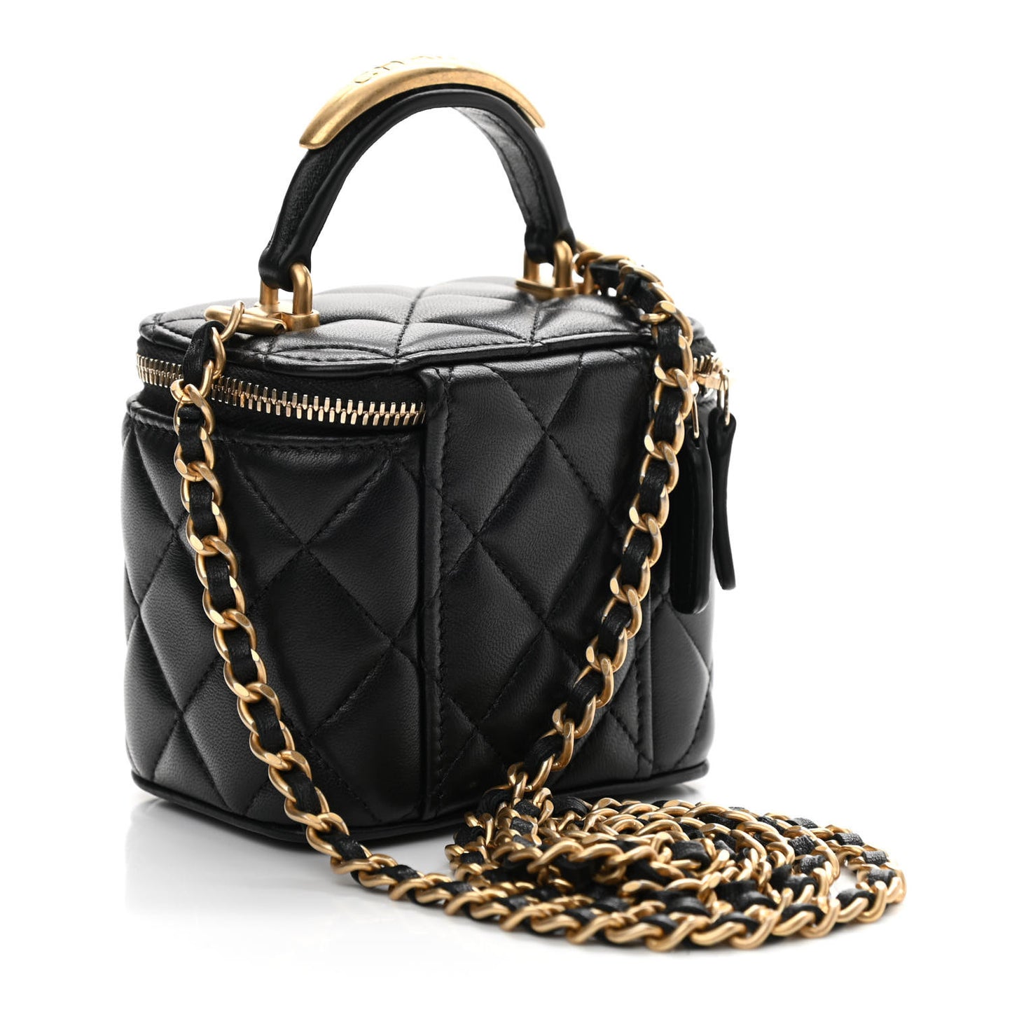 Lambskin Quilted Metal Mini Top Handle Vanity Case With Chain Black