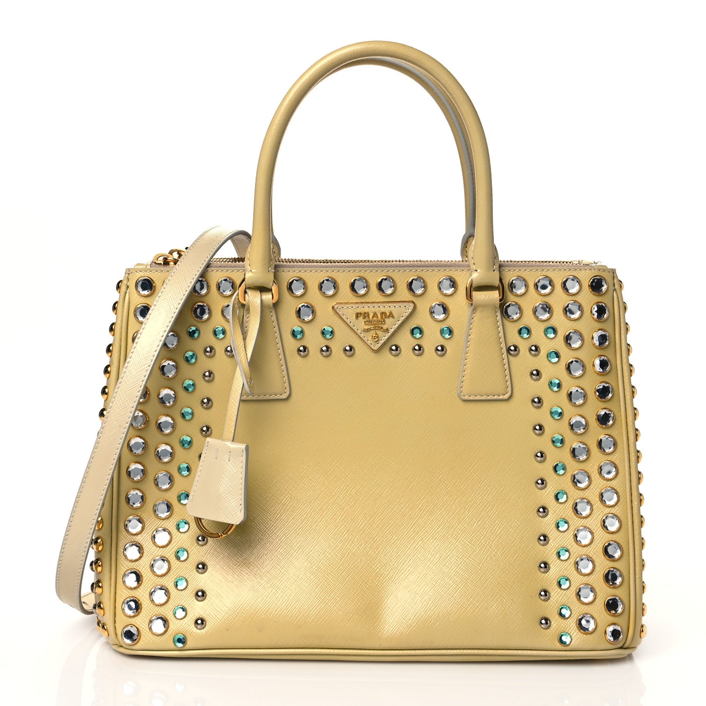 Saffiano Vernice Studded Crystal Galleria Double Zip Tote Talco