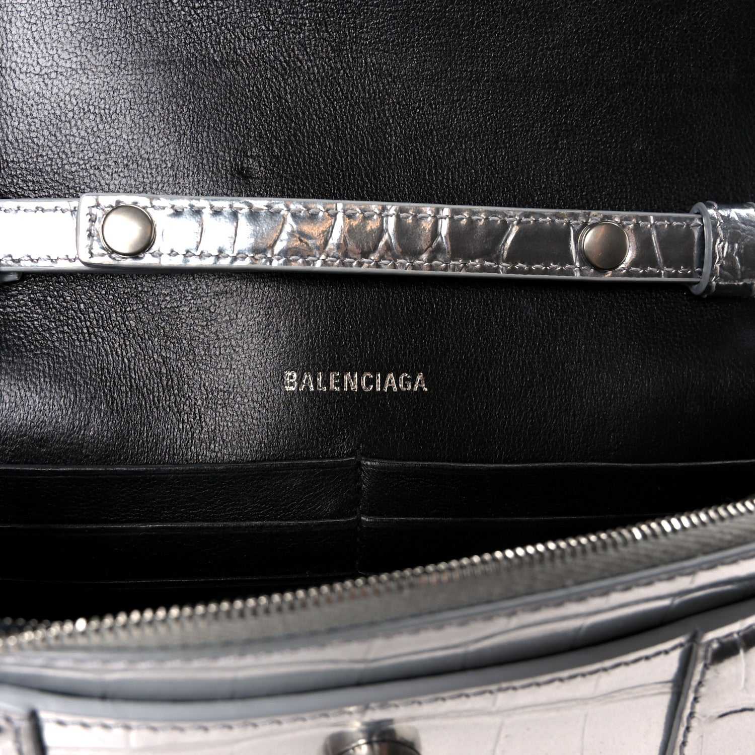 Balenciaga Shiny Calfskin Crocodile Embossed Hourglass Chain Bag Silver 6 of 11
