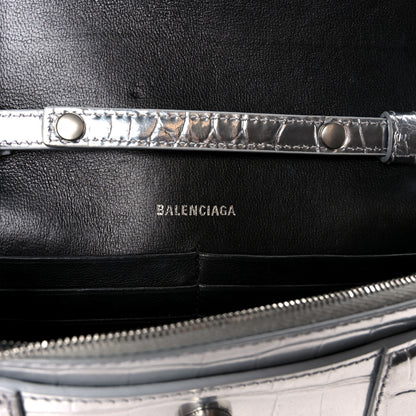 Balenciaga Shiny Calfskin Crocodile Embossed Hourglass Chain Bag Silver 6 of 11