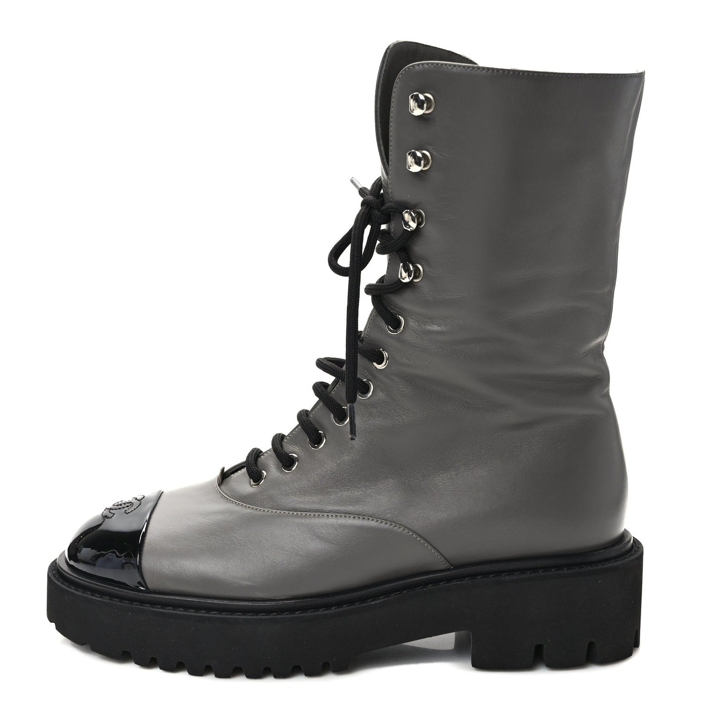 Crumpled Calfskin Patent Cap Toe Lace Up Combat Boots 40.5 Gray