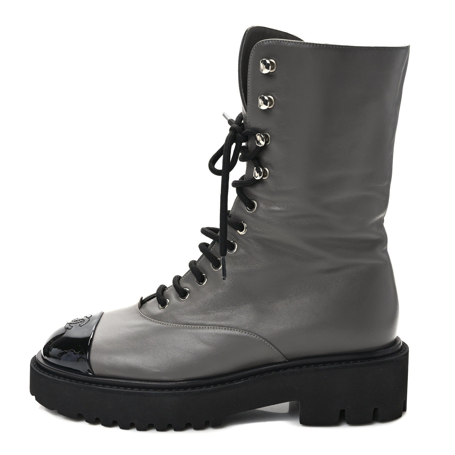 Chanel Crumpled Calfskin Patent Cap Toe Lace Up Combat Boots 40.5 Gray 1 of 10