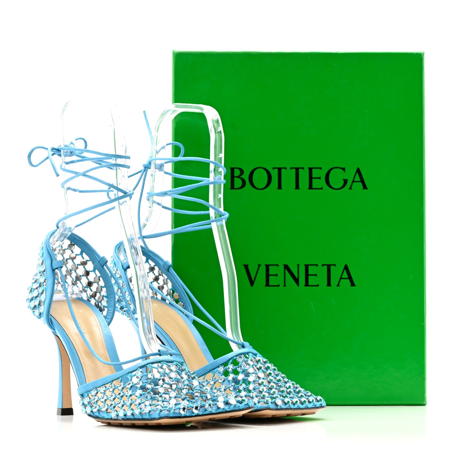 Mesh Nappa Crystal Embellished Sparkle Stretch Ankle Tie 90mm Sandals 39 Pool
