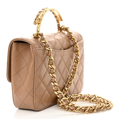 Chanel Shiny Calfskin Quilted Small Metal Chain Top Handle Flap Beige 3 of 12