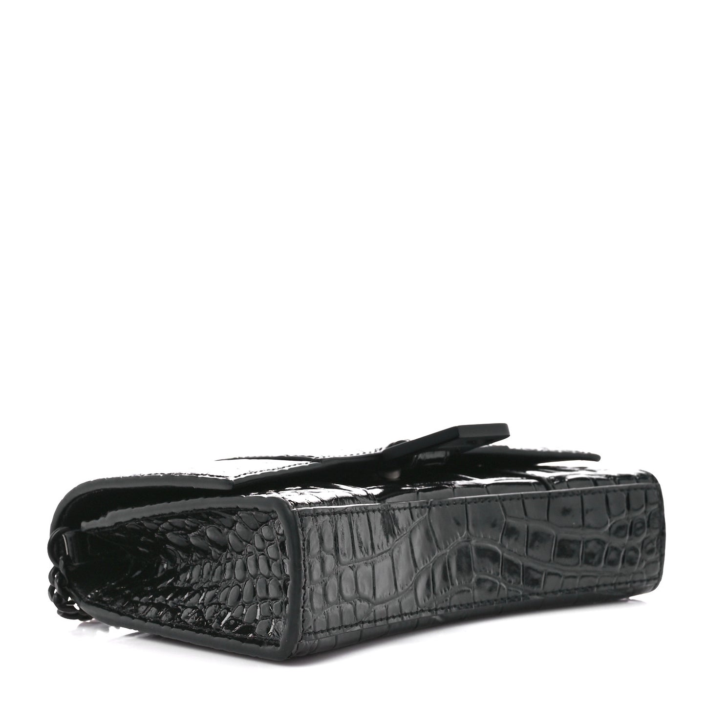 Shiny Calfskin Monochrome Crocodile Embossed Hourglass Chain Bag Black