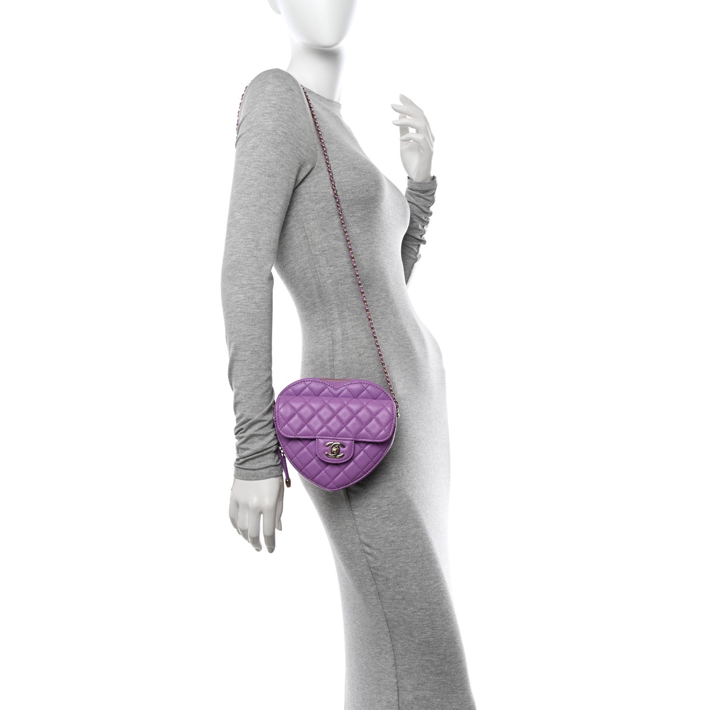 Lambskin Quilted CC Large In Love Heart With Chain Purple