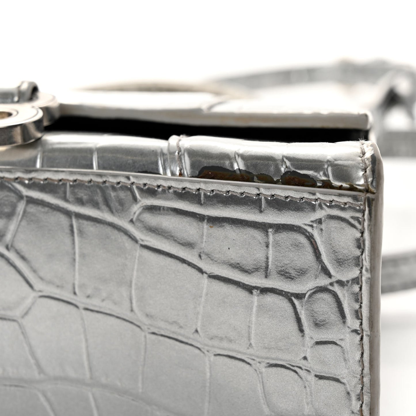 Metallic Calfskin Crocodile Embossed Hourglass Top Handle Bag XS Silver