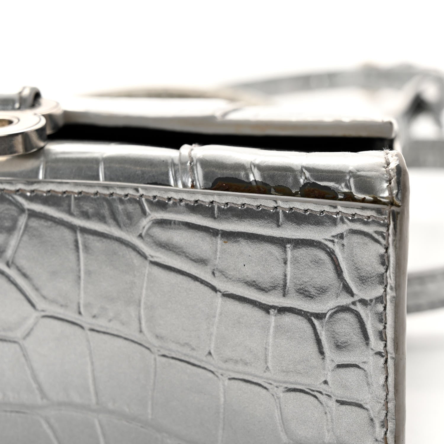Balenciaga Metallic Calfskin Crocodile Embossed Hourglass Top Handle Bag XS Silver 12 of 12