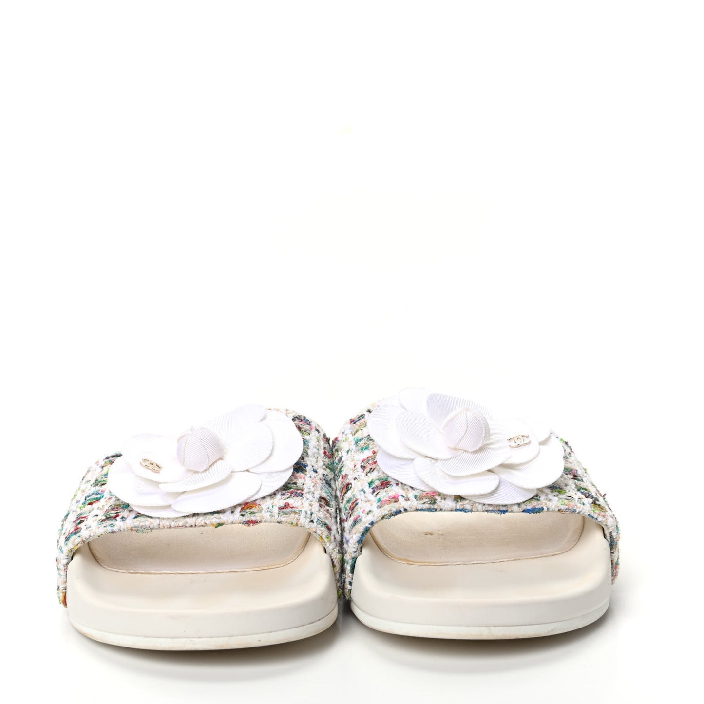 Tweed Grosgrain Camellia Flat Sandals 38 Ivory Ecru Green