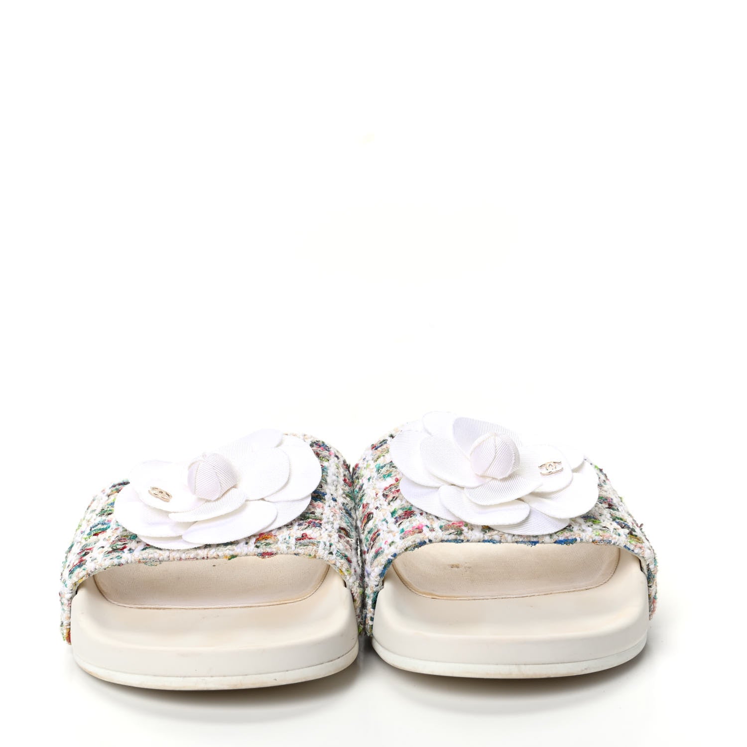 Chanel Tweed Grosgrain Camellia Flat Sandals 38 Ivory Ecru Green 2 of 7
