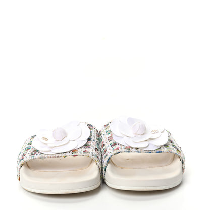 Chanel Tweed Grosgrain Camellia Flat Sandals 38 Ivory Ecru Green 2 of 7