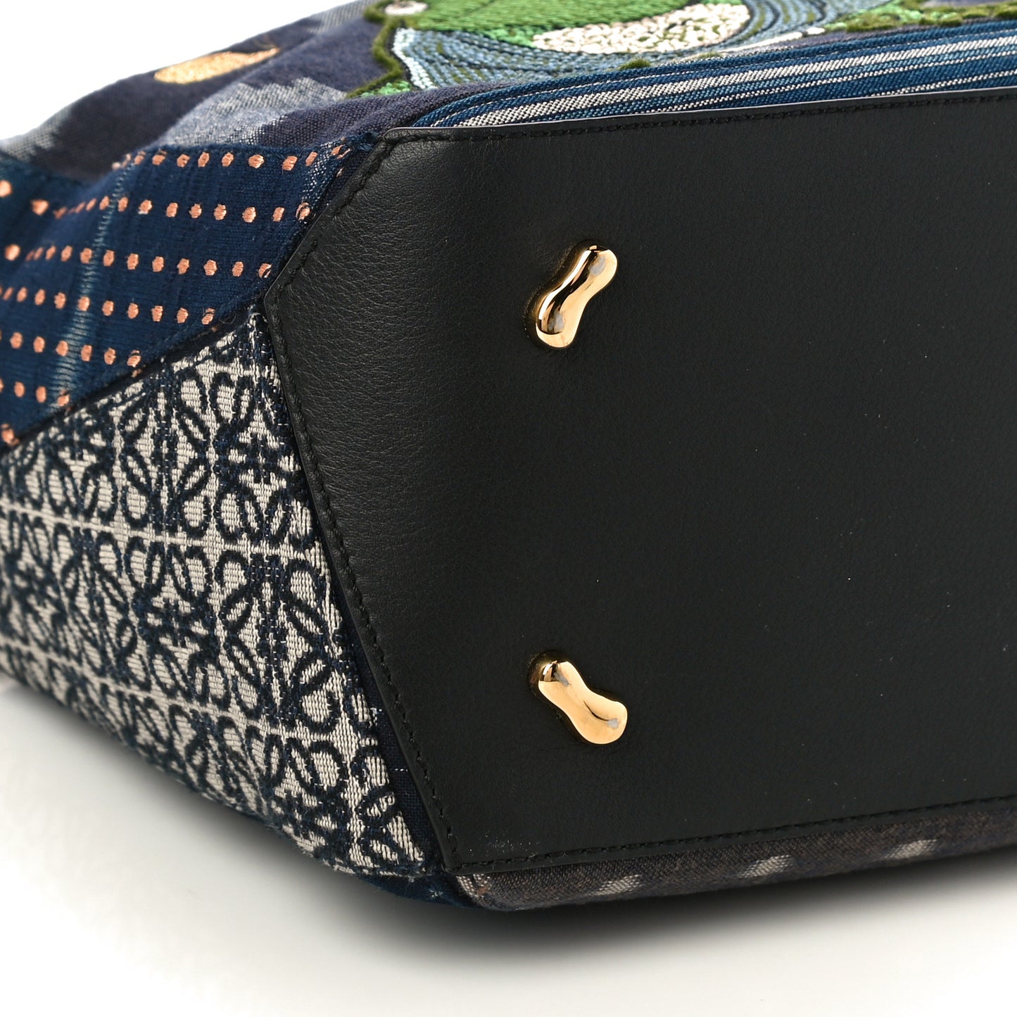 X SPIRITED AWAY Embroidered Denim Calfskin Puzzle Bag Blue Multicolor