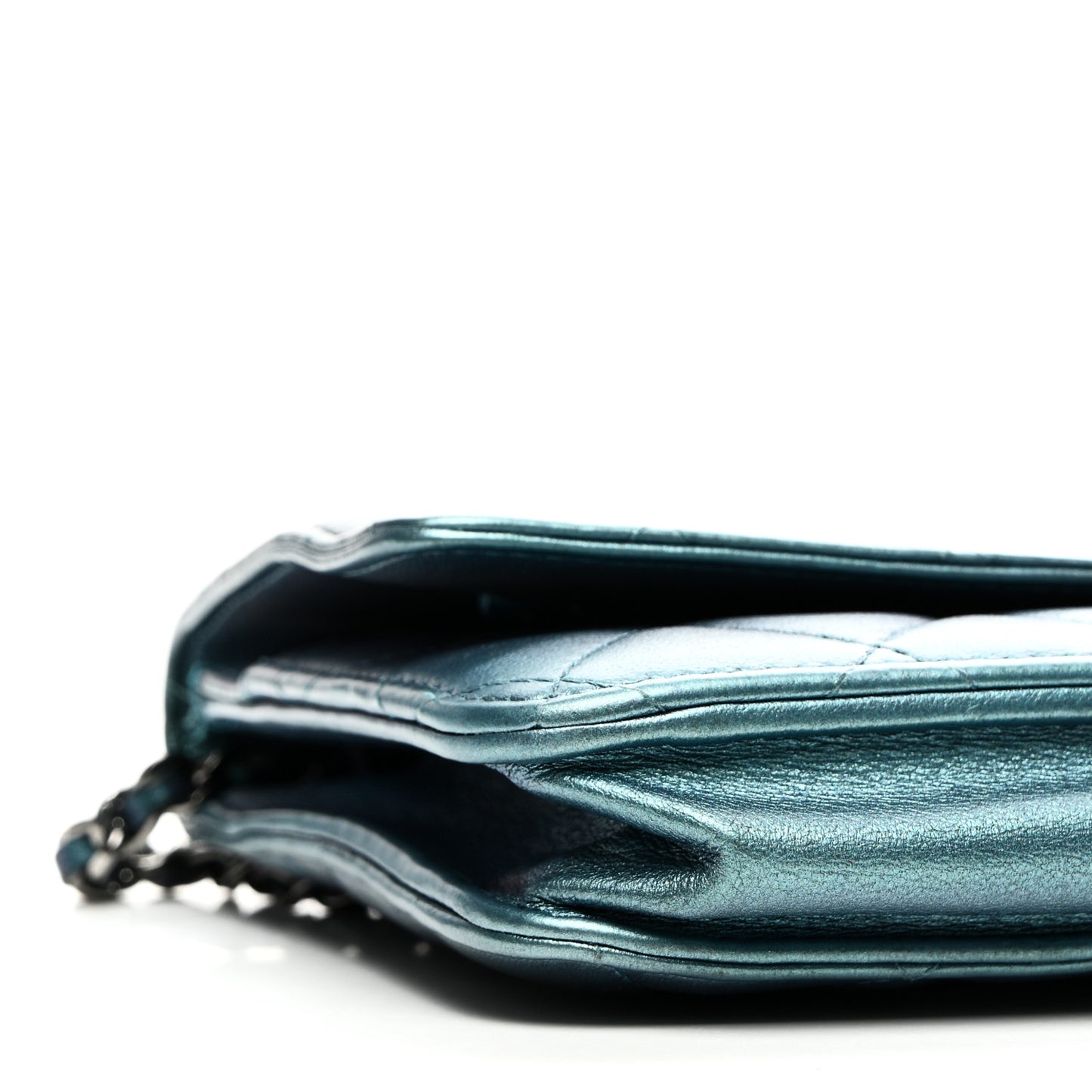 Metallic Lambskin Wallet On Chain WOC Turquoise