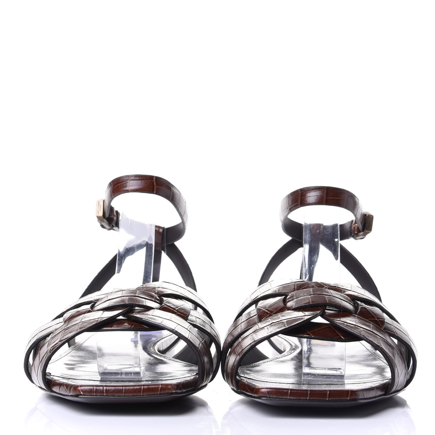 Saint Laurent Calfskin Crocodile Embossed Tribute 05 Ankle Strap Sandals 38.5 Moro 2 of 11