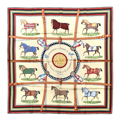 Hermes Silk Couvertures Et Tenues de Jour Scarf 90 Creme Rouge H Bleu Multicolor 1 of 6