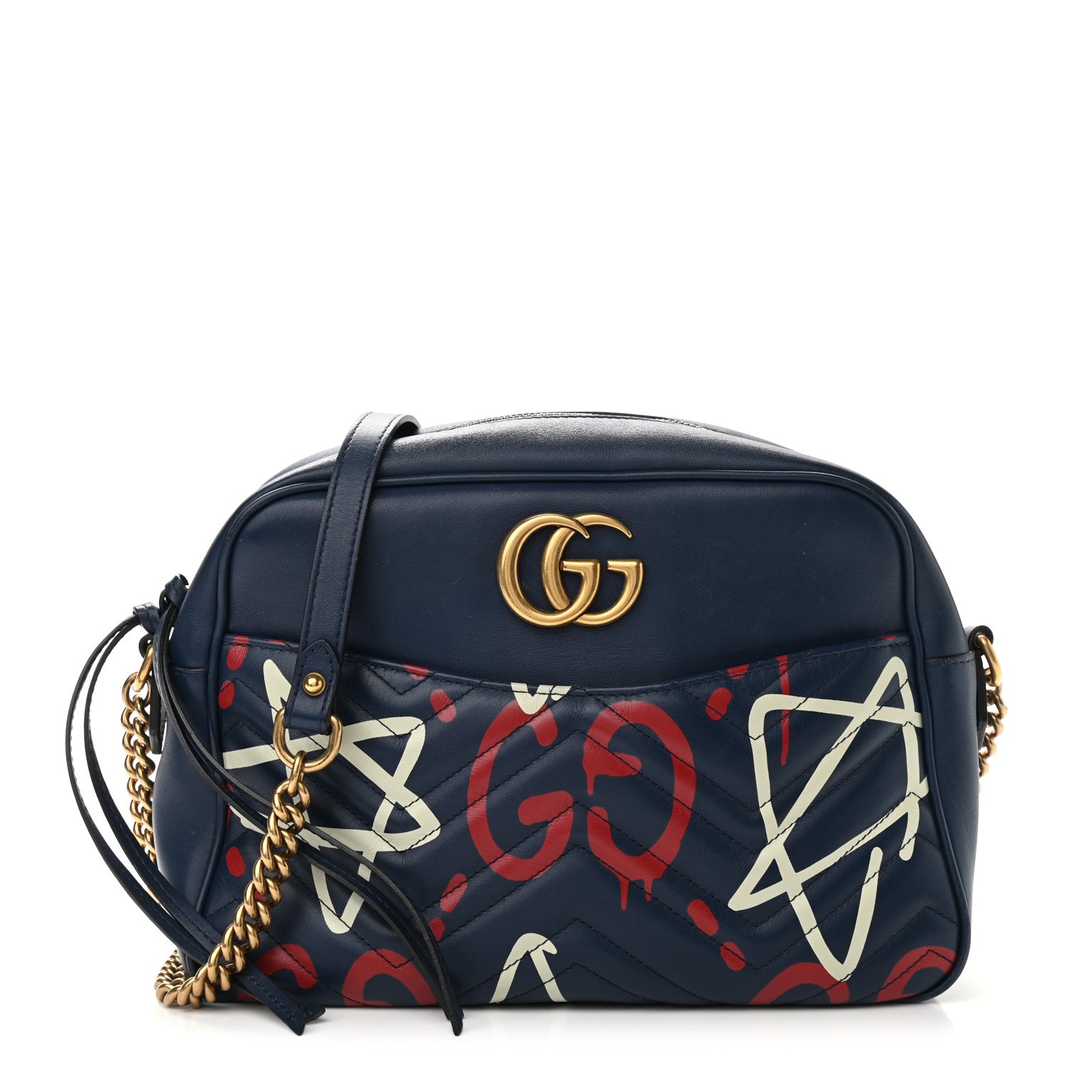 Gucci Calfskin Matelasse GucciGhost Medium GG Marmont Chain Shoulder Bag Blue Agata Hibiscus Red 1 of 14