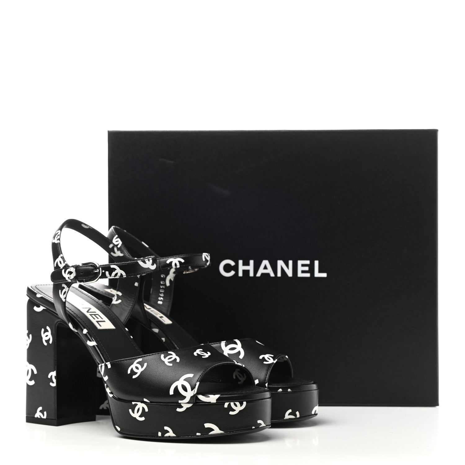 Chanel Printed Lambskin CC Platform Sandals 38 Black White 12 of 12