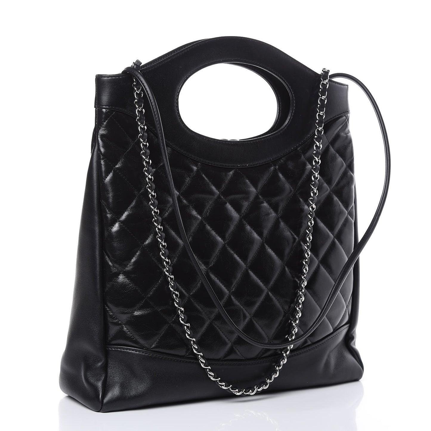 Glazed Lambskin Quilted Small 31 Shopping Bag Black