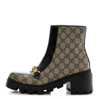 Gucci GG Supreme Monogram Magnum Calfskin Interlocking G Womens Lug Sole Ankle Boots 39 Beige Ebony Black 1 of 9