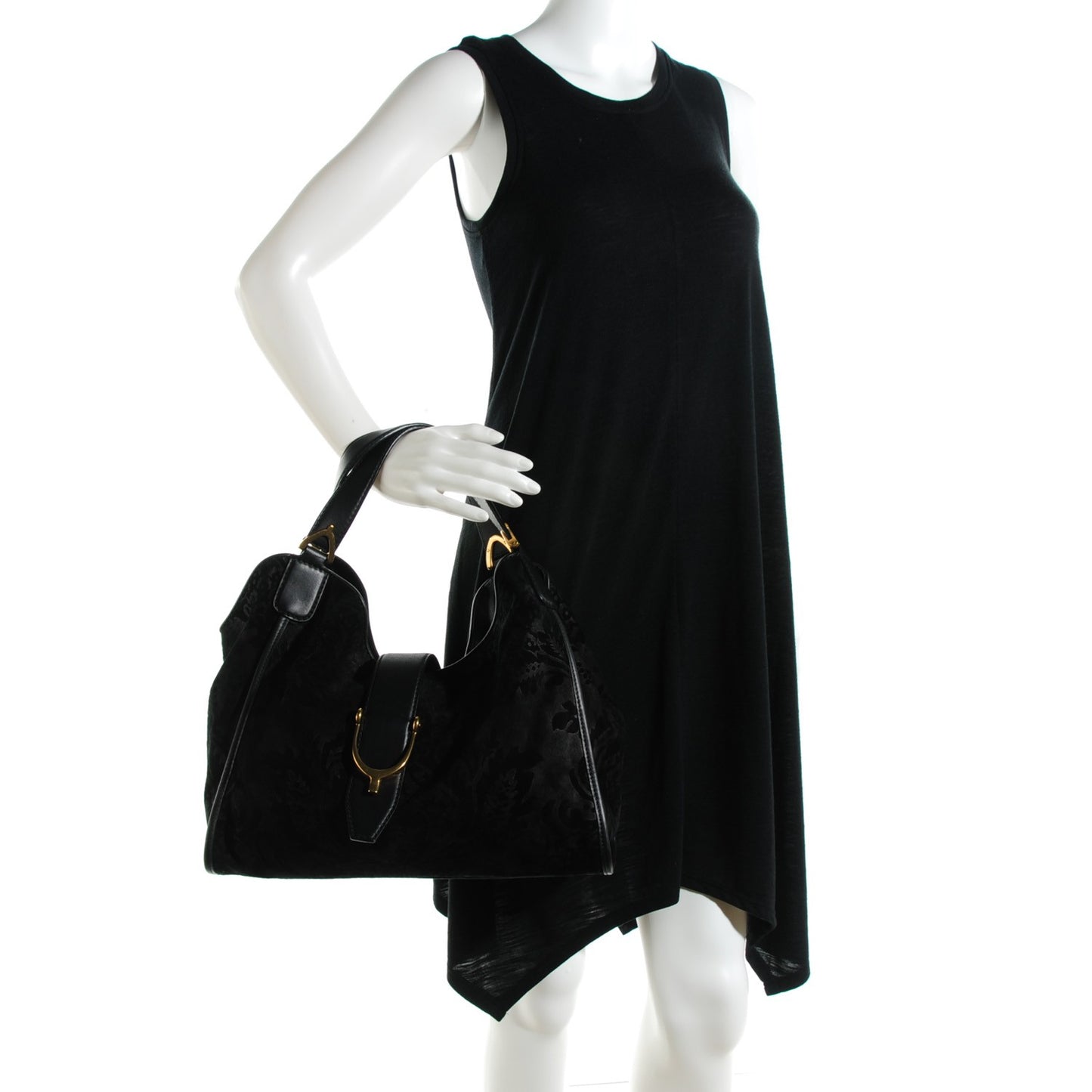 Soft Leather Brocade Medium Stirrup Shoulder Bag Black