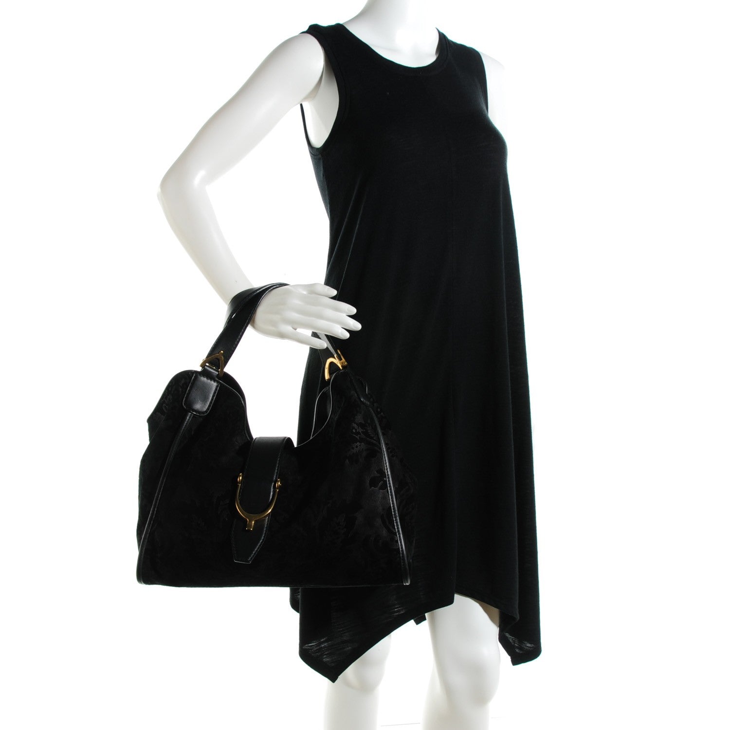 Gucci Soft Leather Brocade Medium Stirrup Shoulder Bag Black 4 of 7